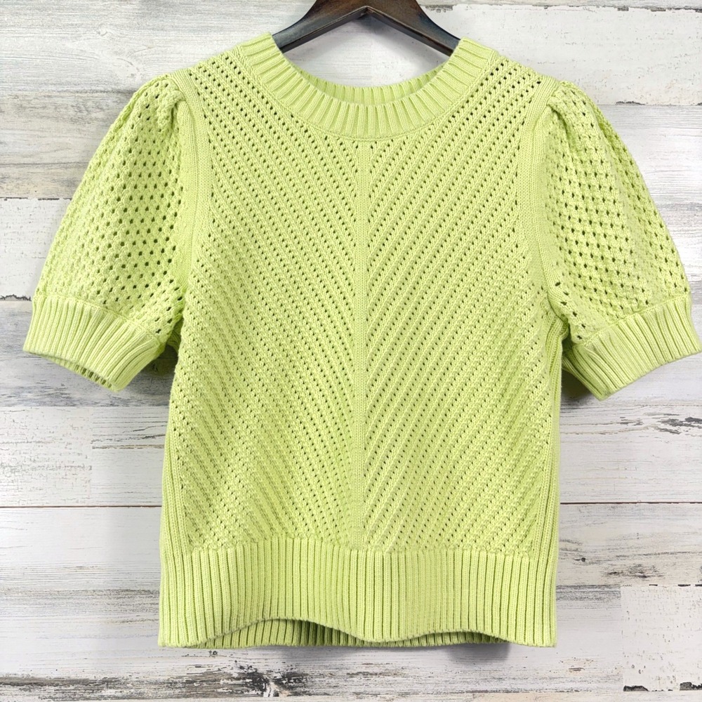 Cabi Short Sleeve Sheer Sweater Medium Lime Green Pointelle Puff Sleeve Chic